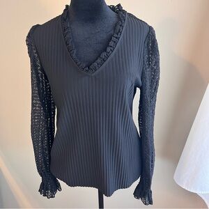 Black ruffled v-neck long sleeve top